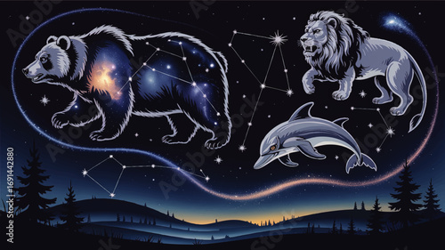 Magical Animal Constellations in Night Sky – Bear, Lion, Dolphin Galaxy Illustration with Stars, Milky Way, Forest Landscape