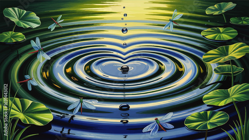 Tranquil Pond with Heart-Shaped Water Ripples, Dragonflies, and Lush Lily Pads at Sunrise – Nature Reflection Art Background
