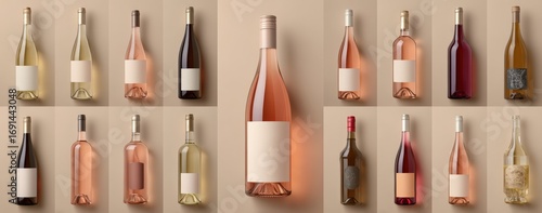 Wine bottle collection on beige background