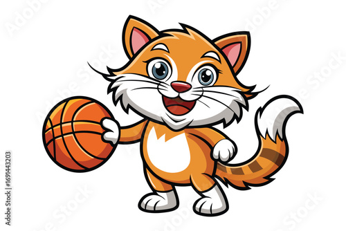 1 Cute cat  bouncing a basketball, detailed fur effect, clean vector style 
