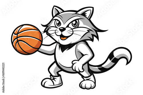 Cute cat  bouncing a basketball, detailed fur effect, clean vector style 