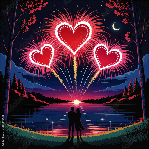 Romantic Couple Watching Heart-Shaped Fireworks Over Lake at Sunset, Vibrant Night Sky, Vector Illustration for Valentine’s Day