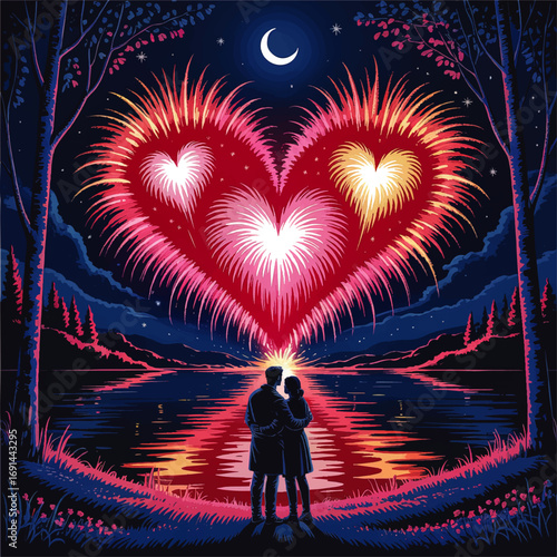 Romantic Couple Watching Heart-Shaped Fireworks over Lake at Night with Moon and Reflections, Colorful Vector Illustration