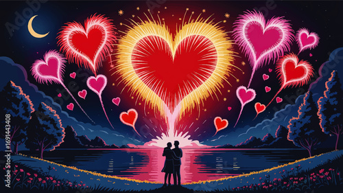 Romantic Couple Watching Heart-Shaped Fireworks Over Lake at Night – Colorful Love Celebration, Valentine’s Day, Festive Illustration