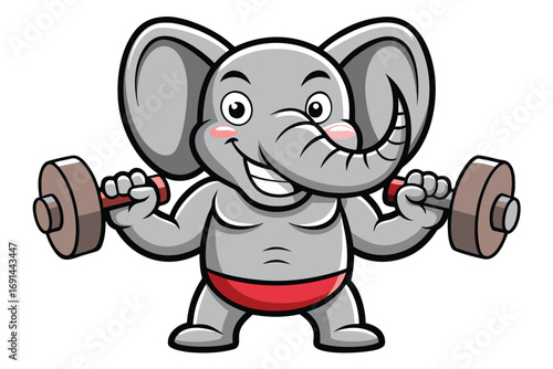 3 Elephant lifting dumbbells with both trunks, funny smiling expression