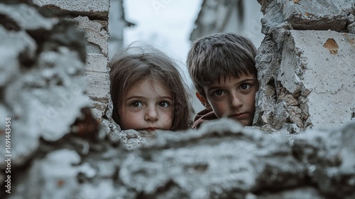 Children through ruins
