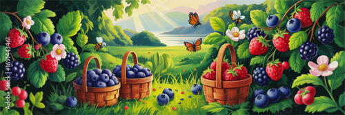 Baskets of Fresh Berries in Vibrant Summer Landscape with Butterflies, Bees, and Sunlight – Colorful Nature Illustration