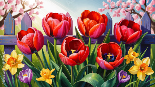Vibrant Spring Garden with Red Tulips, Yellow Daffodils, and Purple Crocuses Against a Rustic Wooden Fence and Blossoming Trees