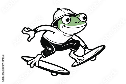2 Frog skateboarding mid-jump with cap backwards