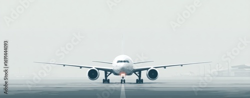 A large jetliner sits on a fog-shrouded airport runway