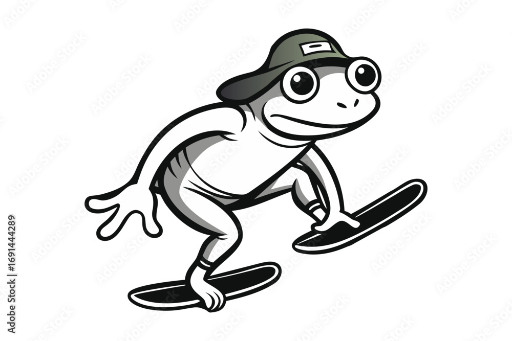 Fototapeta premium Frog skateboarding mid-jump with cap backwards
