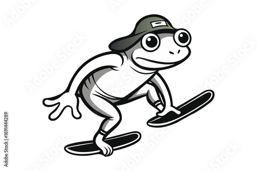 Frog skateboarding mid-jump with cap backwards