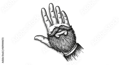 Surreal vintage illustration of a hand with a mustache, lips, and beard in engraving style. Perfect for barbershop branding, posters, or bold visual identity. 