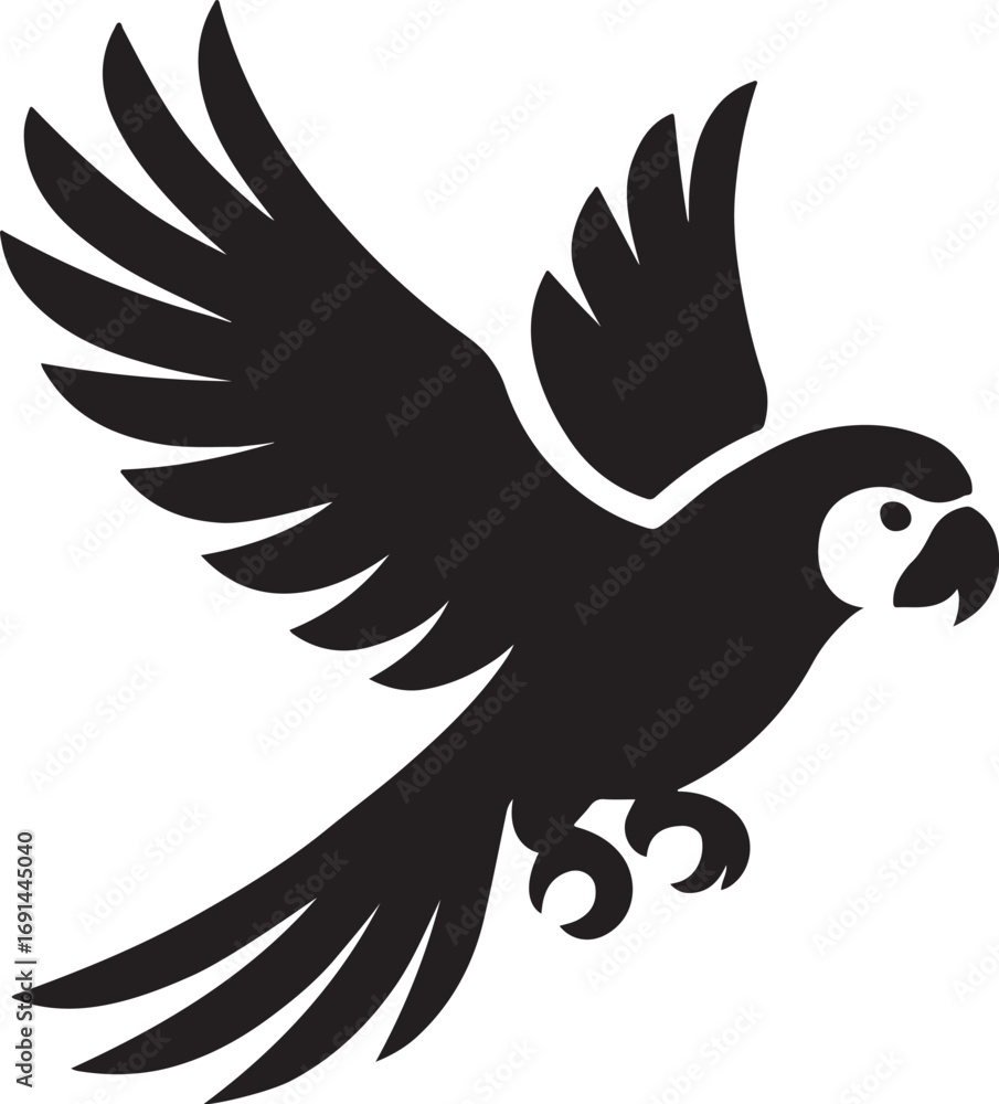 Fototapeta premium Flying Parrot Silhouette Icon Tropical Exotic Bird Vector Illustration Black Parrot Design with Open Wings for Wildlife Nature, Logo Tattoo Decorative Art and Graphic Elements