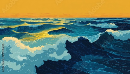 Wide ocean waves at sunset