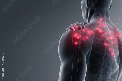 3D anatomical illustration of shoulder and back pain