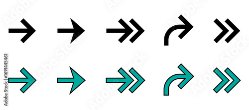 A set of dynamic arrow icons in black and green. These vector designs show forward movement and direction with options for single and double arrows, and a curved shape