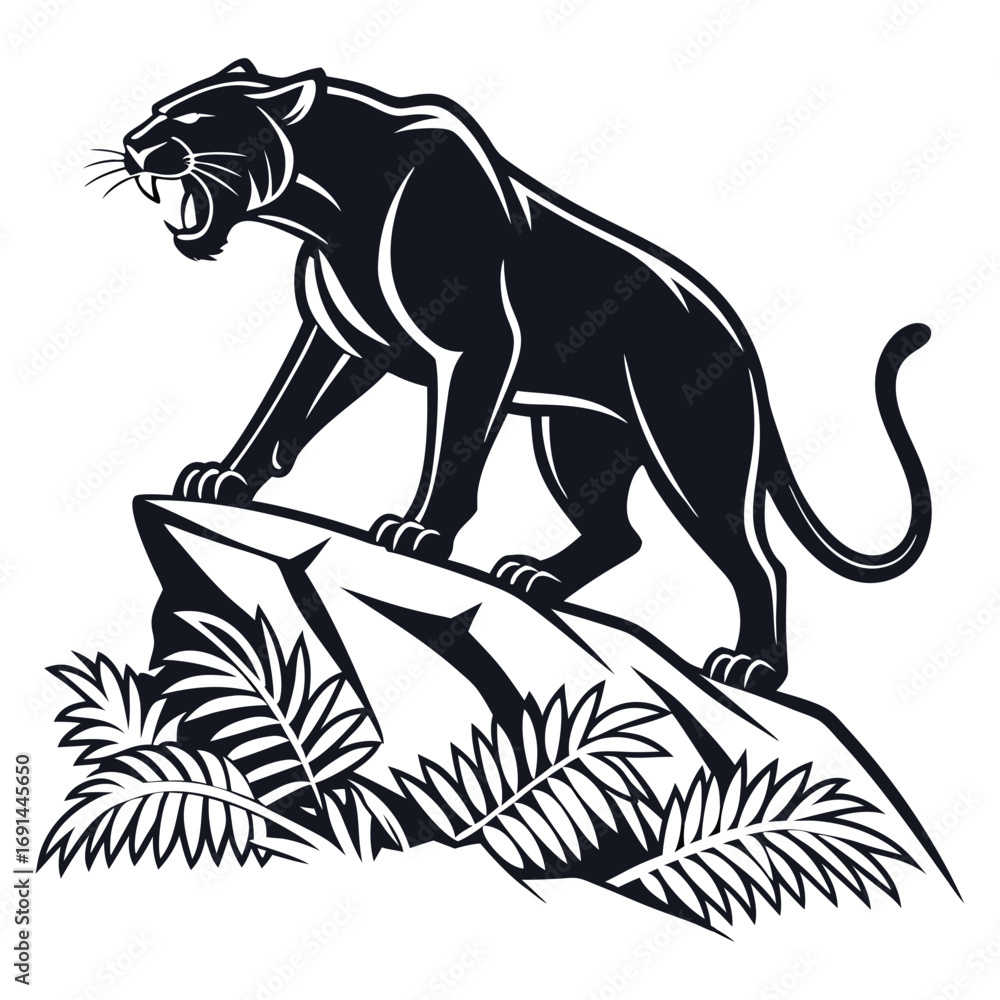 Fototapeta premium Roaring Panther on Jungle Rock – Bold Black and White Wildlife Illustration