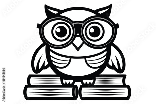 3 Owl wearing glasses sitting on stack of books, funny serious look