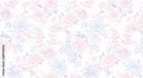 Soft pastel roses delicately bloom in a gentle watercolor floral pattern. AI Generated