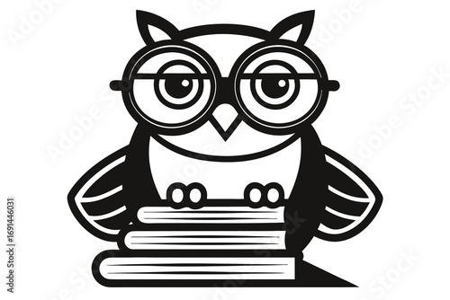Owl wearing glasses sitting on stack of books, funny serious look