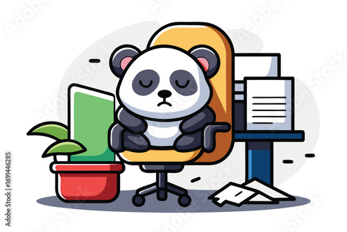 Panda sleeping on an office chair with papers around