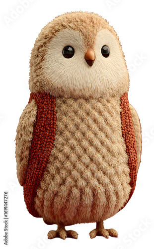 Cute cartoon owl character with fluffy feathers and large eyes, wearing a cozy knitted vest, standing upright in a whimsical pose, showcasing adorable features and charm