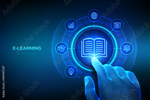E-learning. Innovative online education and internet technology concept. Webinar, teaching, online training courses. Skill development. Wireframe hand touching digital interface. Vector illustration.