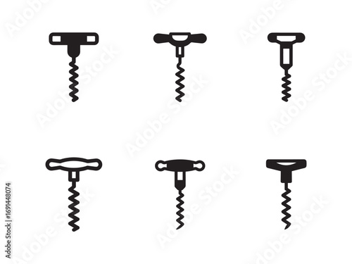 Assorted Corkscrew Icon Set for Wine Lovers and Sommeliers Illustrating Different Styles and Designs on a White Background