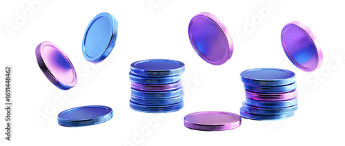 Purple and blue metallic coins in motion against a transparent background. Some coins are stacked, others are in mid-air.  Dynamic and vibrant, PNG