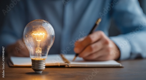 A person writes in a notebook, with a glowing lightbulb in the foreground