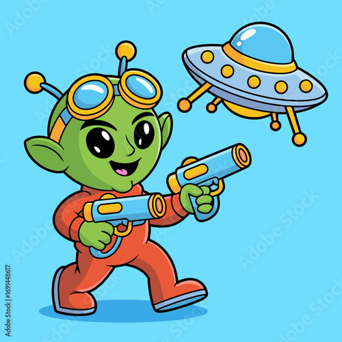 An adorable green alien, armed with playful blasters, interacts with a colorful spaceship, bringing a fun and imaginative twist to the outer space theme in a vibrant art style.