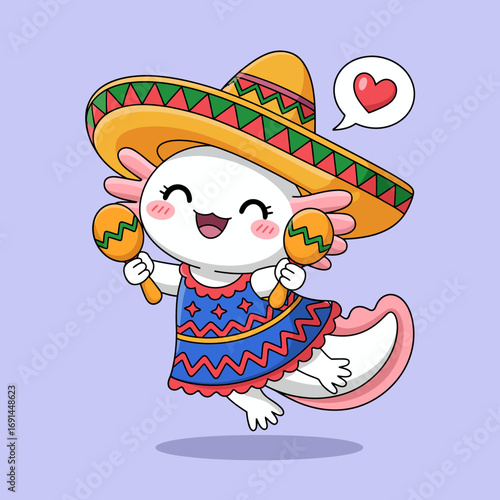 An exuberant axolotl dressed in a colorful traditional outfit dances joyfully while playing maracas, celebrating culture and happiness through music and colors.
