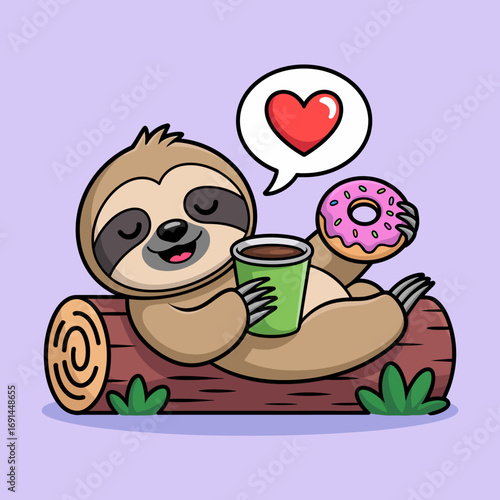 A relaxed sloth lounges on a log, sipping from a cup and enjoying a pink donut, embodying calmness and delight in a peaceful, natural setting amidst vibrant colors.