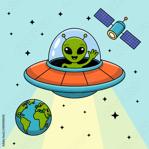 A cheerful green alien waves from a colorful spaceship hovering above Earth, capturing the whimsy and intrigue of extraterrestrial life amidst a playful cosmic scene.