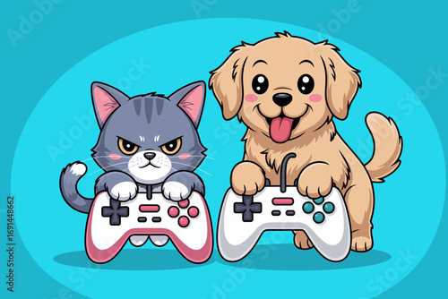 An amusing cat and dog enthusiastically play video games, showcasing camaraderie, fun, and companionship in a modern and playful atmosphere depicted through vibrant colors.