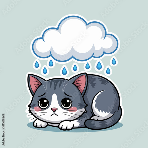 This heartfelt image of a sad cat curled up beneath a rain cloud captures feelings of loneliness and melancholy, showcasing empathy and emotional connection with pets.