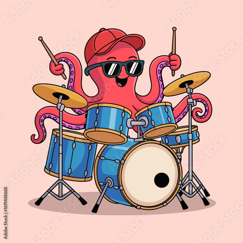 A playful octopus wearing sunglasses and a cap energetically plays drums, showcasing an amusing blend of aquatic life and music culture, capturing joy and fun.