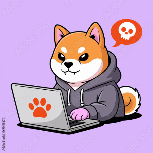 A trendy cartoon Shiba Inu wearing a hoodie manipulates a laptop, projecting a mysterious aura while showcasing digital skills, combining humor and tech-savviness.