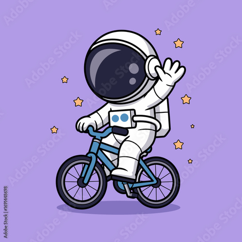 The illustration shows a playful astronaut riding a bike in space, blending elements of adventure, fun, and whimsy while showcasing the beauty and thrill of exploration.