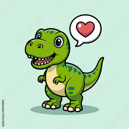 This adorable cartoon dinosaur character showcases a friendly demeanor, expressing love with a heart-shaped speech bubble in a bright, cheerful design style.