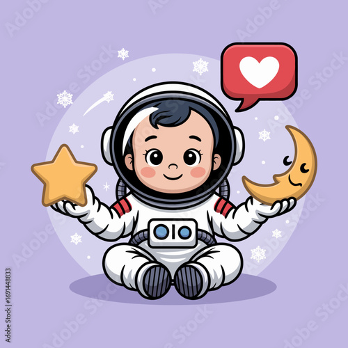 A charismatic child dressed as an astronaut, holding a star in one hand and a moon in the other, represents adventure and the charm of exploration in space-themed art.