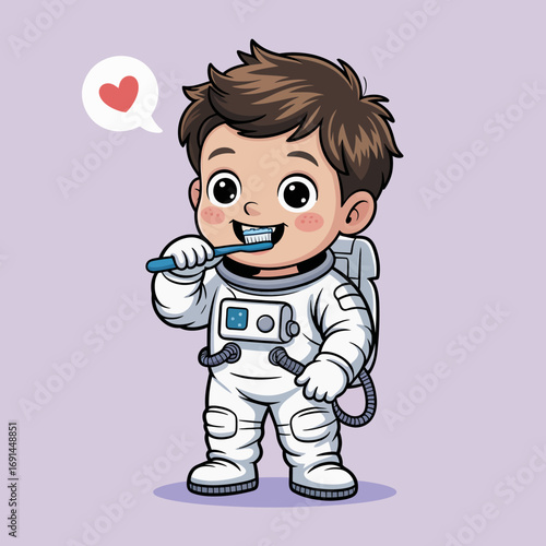 This delightful image depicts a young astronaut happily brushing his teeth, embodying themes of hygiene, childhood joy, and curiosity in a space-inspired setting.