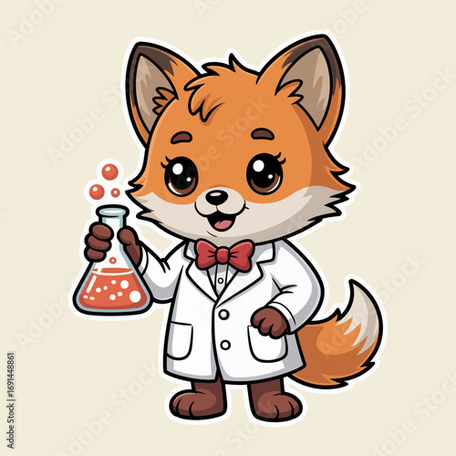 A charming cartoon fox dressed as a scientist smiles while holding a colorful flask filled with bubbling liquid, embodying the spirit of scientific discovery and fun.