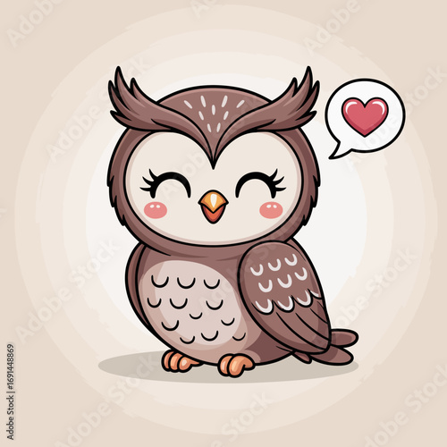 A delightful illustration of a smiling owl with a heart speech bubble, capturing themes of warmth and affection, perfect for expressing love and positivity in a charming design.