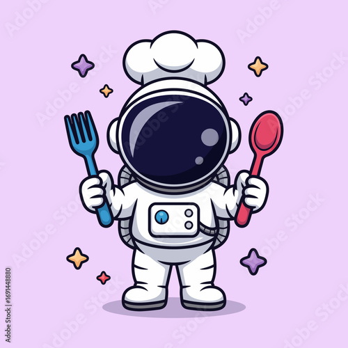 This charming image depicts a chef in an astronaut suit holding a fork and spoon, combining culinary art with a whimsical outer-space theme for added fun and uniqueness.