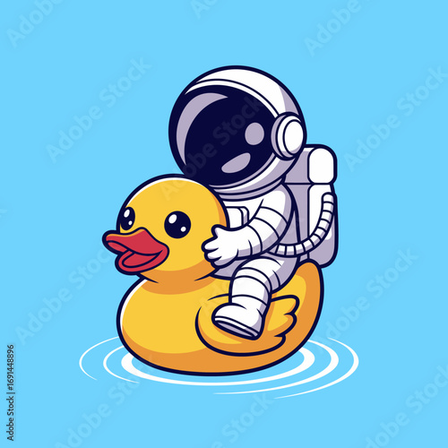 A cheerful astronaut joyfully riding a giant rubber duck in water, showcasing a blend of humor and creativity through playful imagery in a bright and vibrant style.