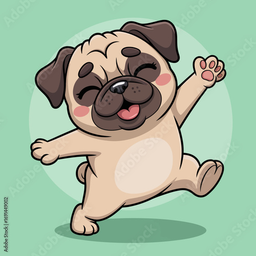 This charming image portrays an exuberant pug dancing joyfully, exuding happiness and energy, perfect for evoking laughter and delight in children's art or pet-themed content.