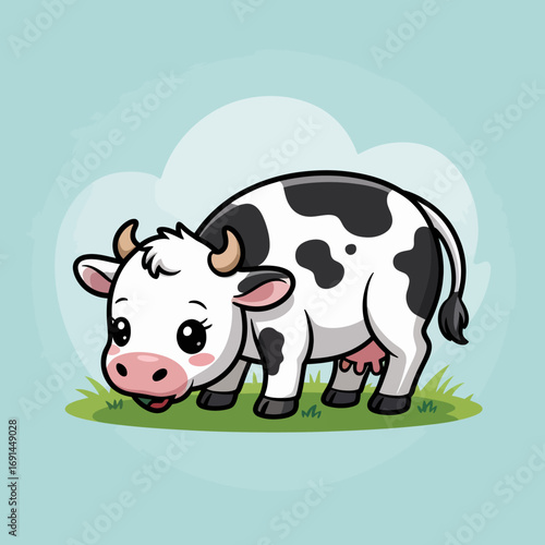 A delightful cartoon depiction of a cute cow happily grazing on green grass, surrounded by a soft blue backdrop, showcasing innocence and charm in its expression and design.