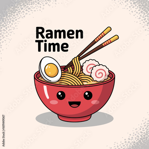 A cheerful bowl of ramen noodles topped with past, eggs, and smiling face, embodies comfort food, delight, and joy, appealing to food enthusiasts and cartoon lovers alike.